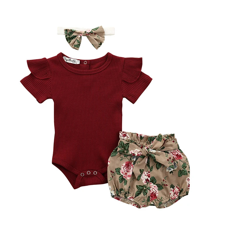 Summer Newborn Baby Girl Clothes Set Solid Color Short Sleeve Ruffle Romper Tops Flower Short Pants Headband 3Pcs Infant Outfits
