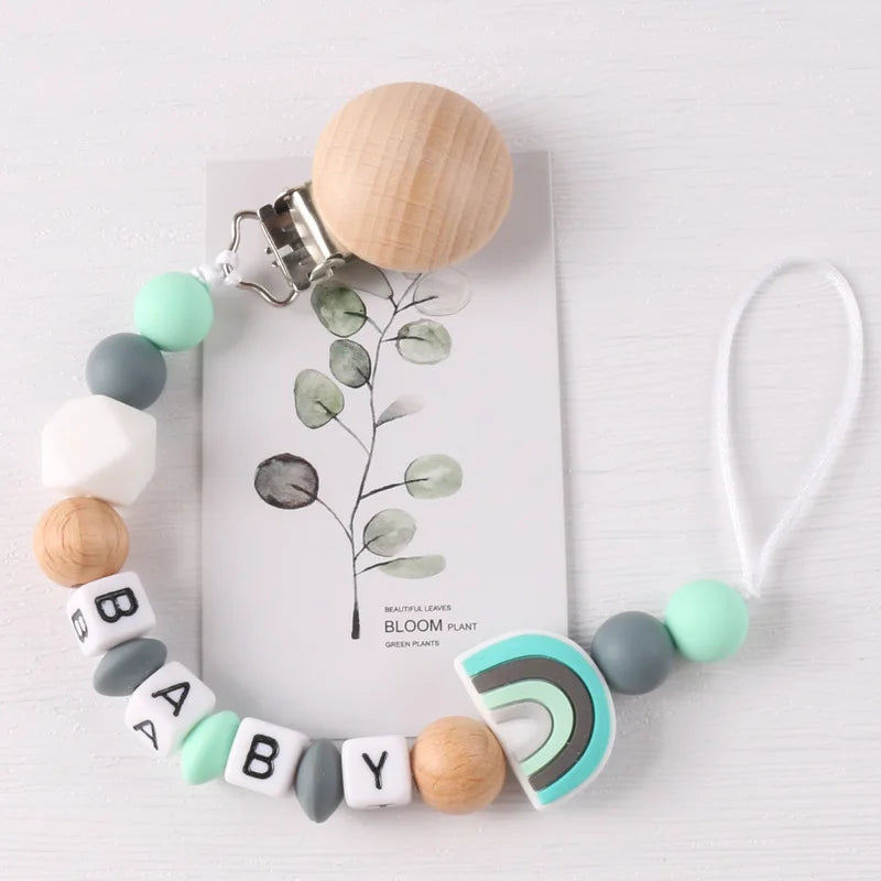 Custom Personalized Name Pacifier Holder Chain Handmade Beech Wooden Clip silicone Teether Baby Teething Toy newborn Chew Gift
