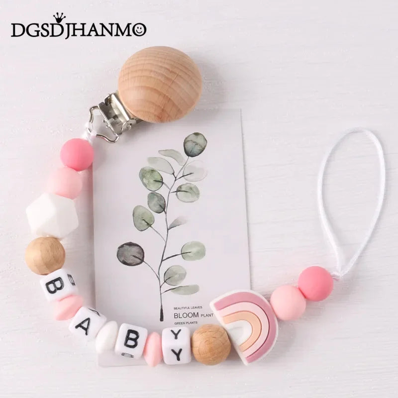 Custom Personalized Name Pacifier Holder Chain Handmade Beech Wooden Clip silicone Teether Baby Teething Toy newborn Chew Gift