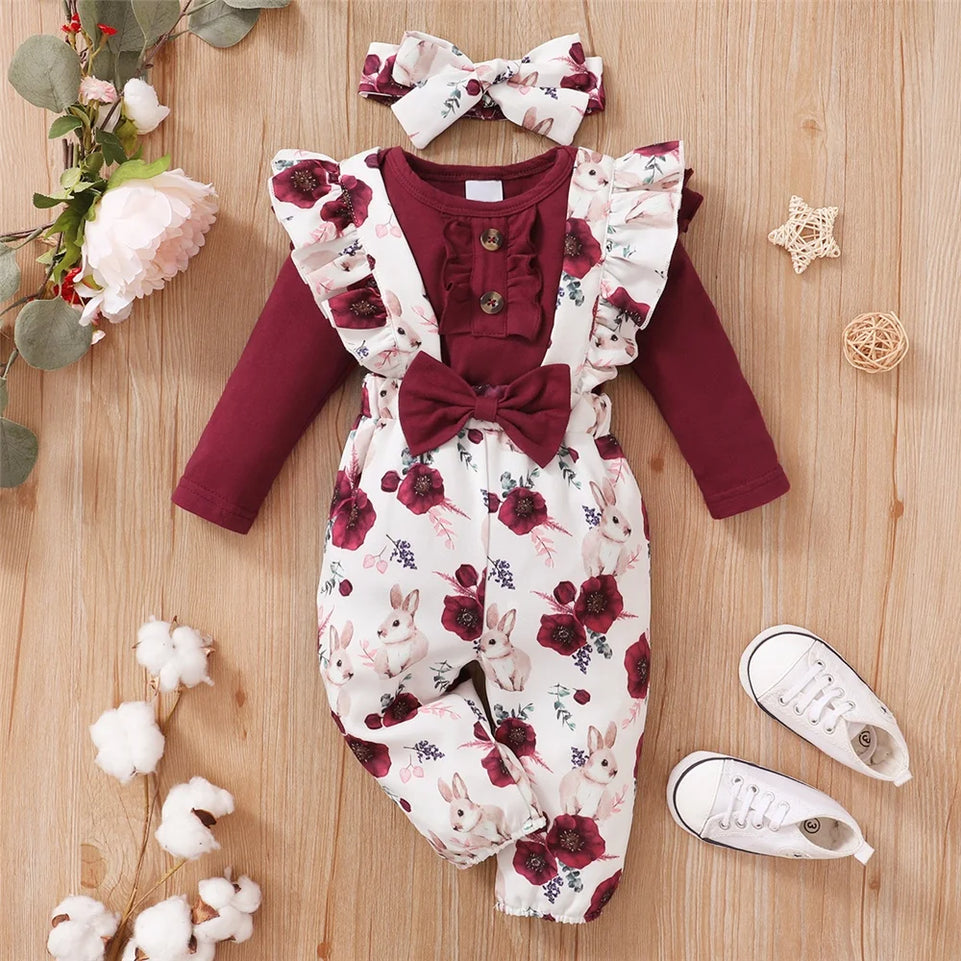 0-18Months Baby Girl Clothes Set Red Color Long Sleevs Bodysuit + Flower Strap Pants 2PCS Infant Girl New Years Clothing Suit